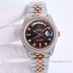 Luxury Replica Rolex DayDate Iced Out 2-Tone Rose Gold Watches Chocolate Dial 40mm